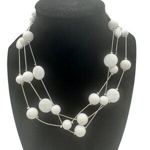 Elegant Multi-Strand White Beaded Necklace With Adjustable Silver Chain